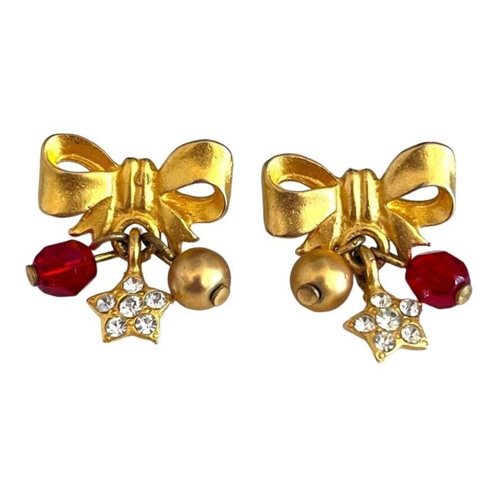 Vintage 1980s Bow Earrings Red Crystal Star Gold Tone Pierced - 1P